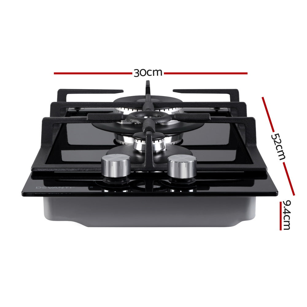 Built-in installation view of Devanti 30cm gas cooktop in kitchen benchtop