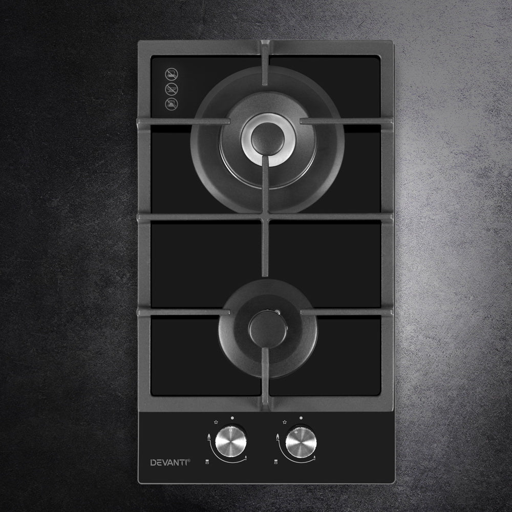 Galvanized knob controls with safety lock on Devanti 30cm gas cooktop