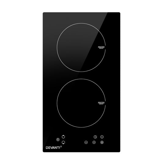 Black induction cooktop with two heating zones and Devanti branding on a white background