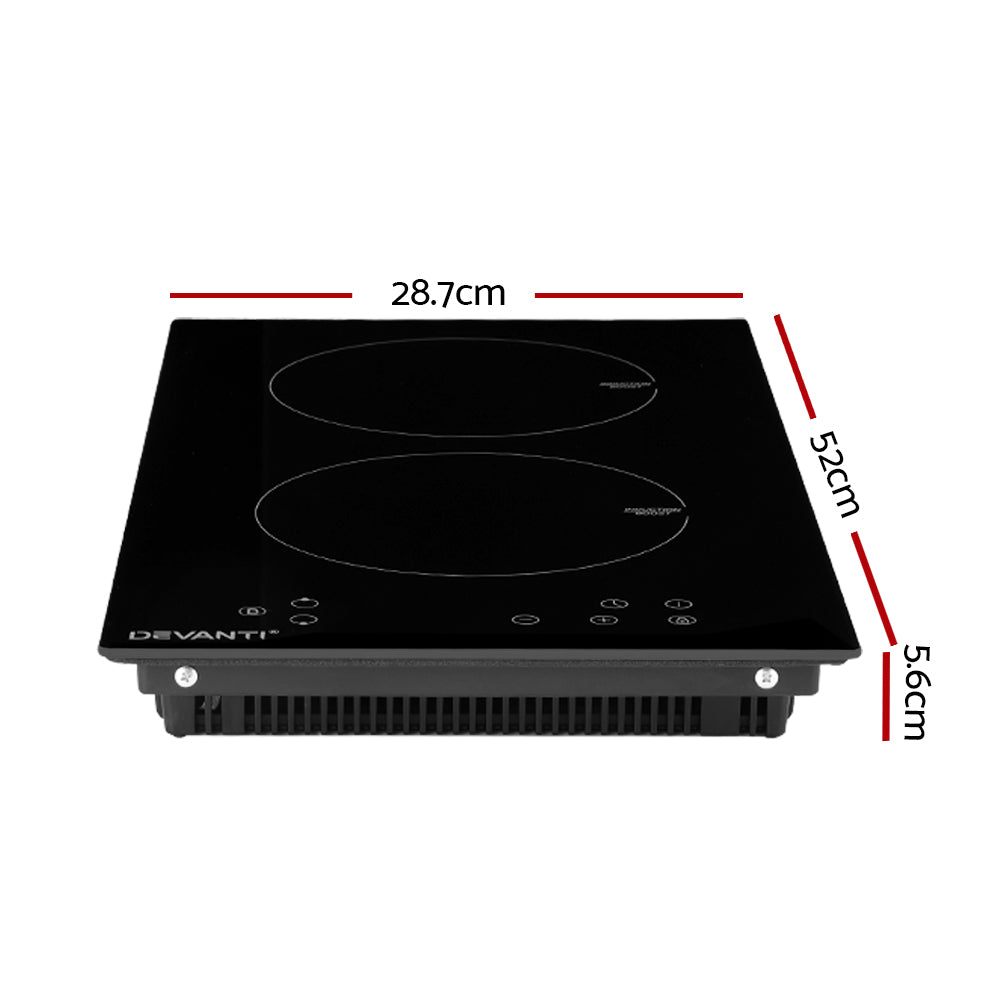 Black induction cooktop with dimensions labeled on a white background