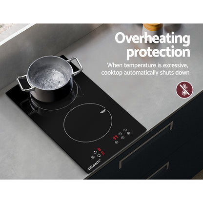 Induction cooktop with pot on a gray countertop, featuring overheating protection text.