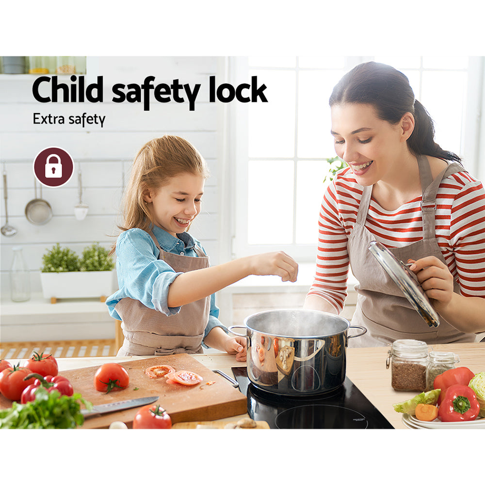 Woman and child in a kitchen with a pot on the stove, promoting a child safety lock.