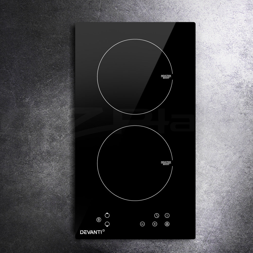 Black induction cooktop with two heating elements on a gray textured background