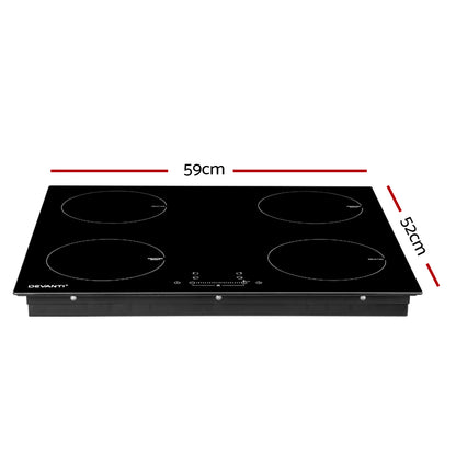 Black glass cooktop with dimensions labeled on a white background