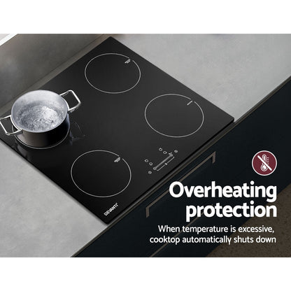 Induction cooktop with pot on a gray countertop, featuring overheating protection text.