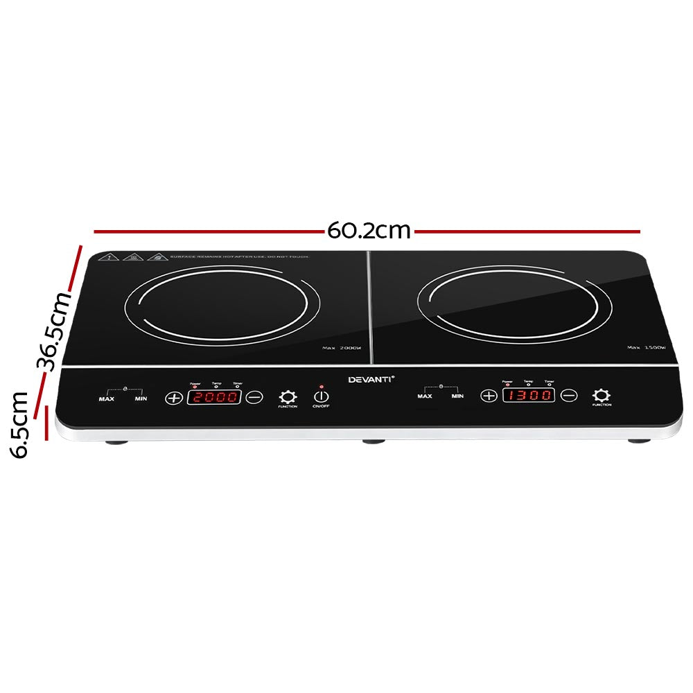 Double induction cooktop with dimensions labeled on a white background