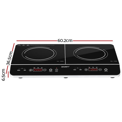 Double induction cooktop with dimensions labeled on a white background