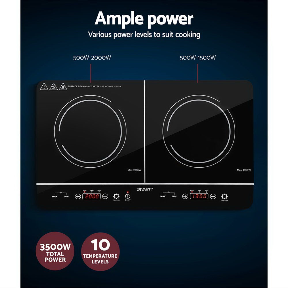 Induction cooktop with power levels and features on a dark background
