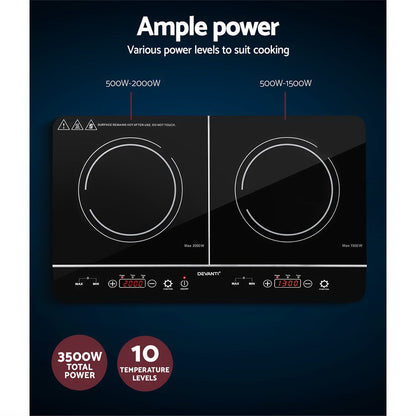 Induction cooktop with power levels and features on a dark background