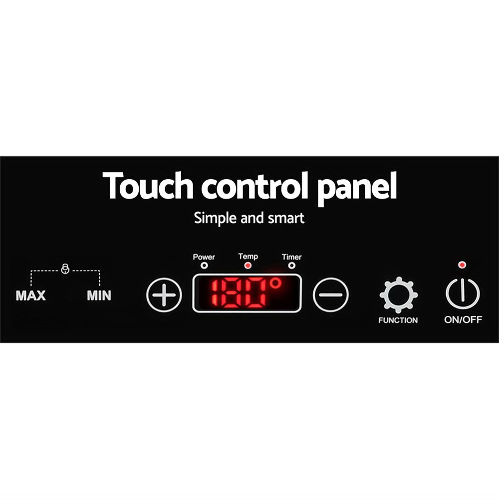Touch control panel with digital display on a black background