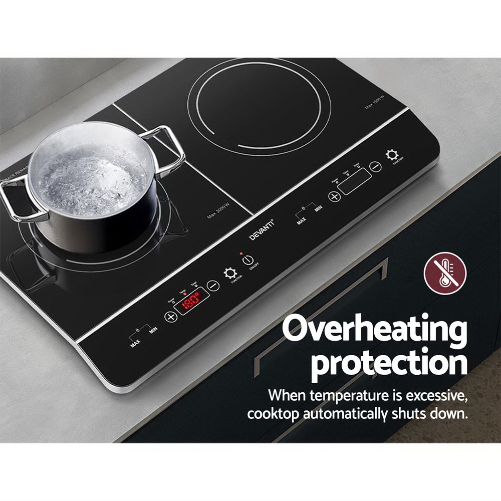 Induction cooktop with pot on a gray surface, featuring overheating protection text.