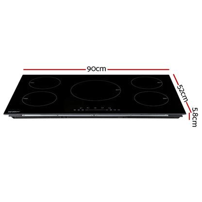 Black induction cooktop with dimensions labeled on a white background
