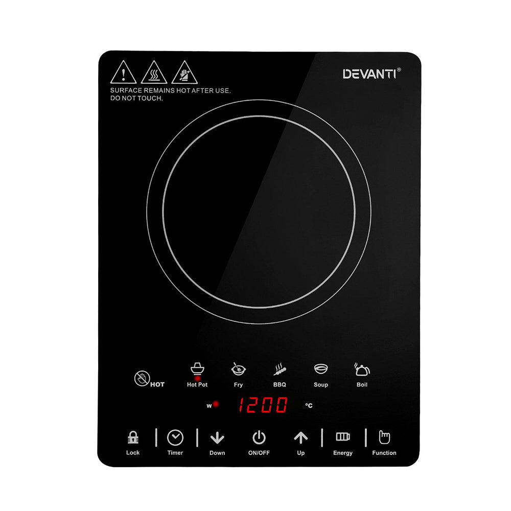 Devanti induction cooktop with digital display and control panel on a white background