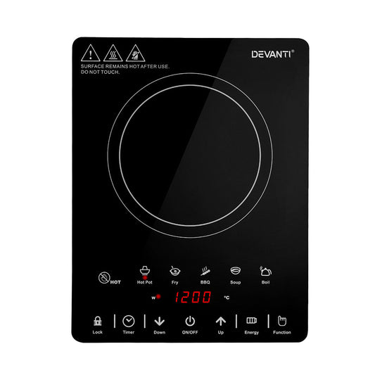 Devanti induction cooktop with digital display and control panel on a white background