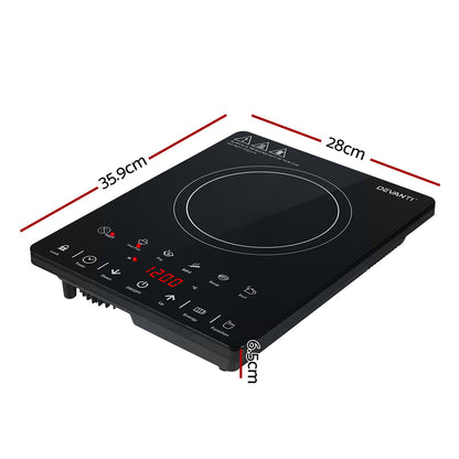 Black induction cooktop with dimensions labeled on a white background