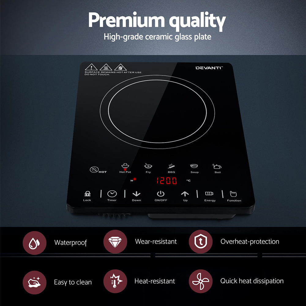 Devanti induction cooktop with features highlighted on a dark background