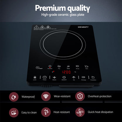 Devanti induction cooktop with features highlighted on a dark background
