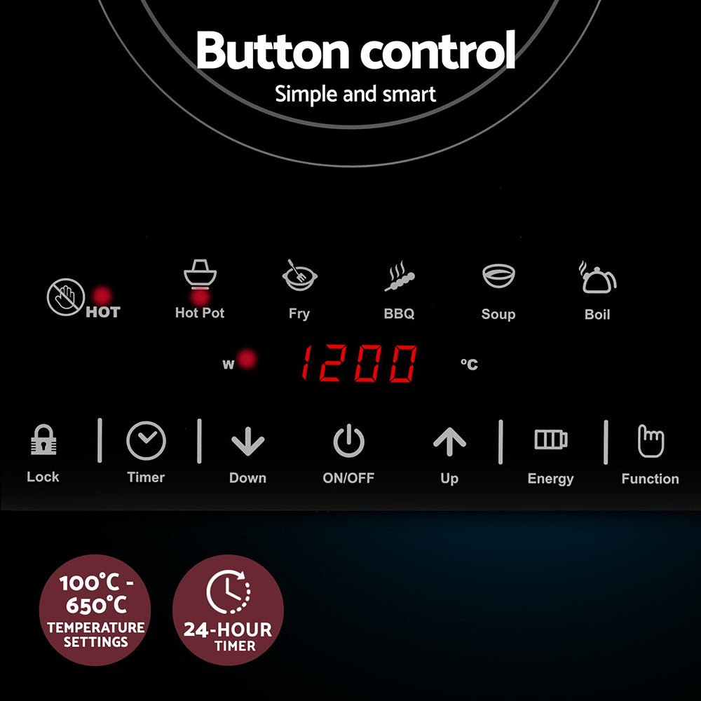 Control panel with button controls and digital display on a black background