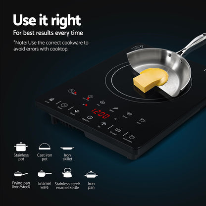 Induction cooktop with a frying pan and butter, surrounded by text and icons on a dark background.