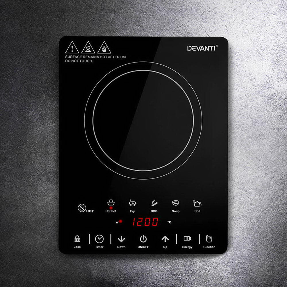 Devanti induction cooktop on a gray background