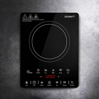 Devanti induction cooktop on a gray background