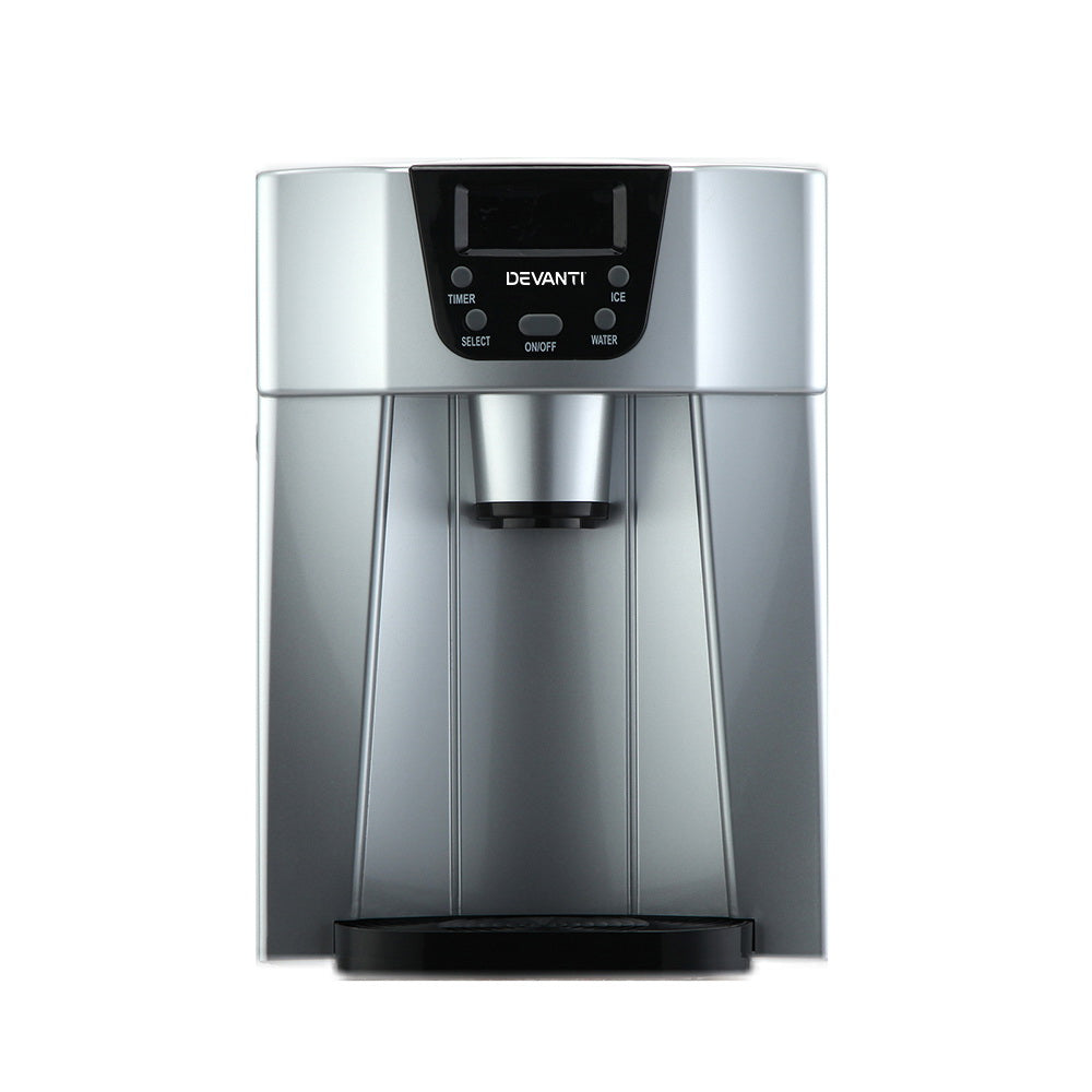 Devanti ice maker neatly positioned on a kitchen countertop beside beverages.