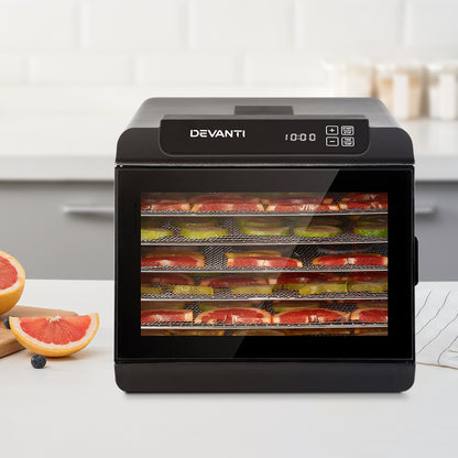 A full layout of the dehydrator with trays, power cord, and accessories included in the box.