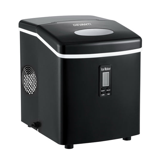 Sleek black DEVANTI ice maker with LED control panel and viewing window.