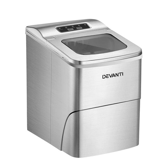 Sleek front view of the silver Devanti Ice Maker with compact countertop design.