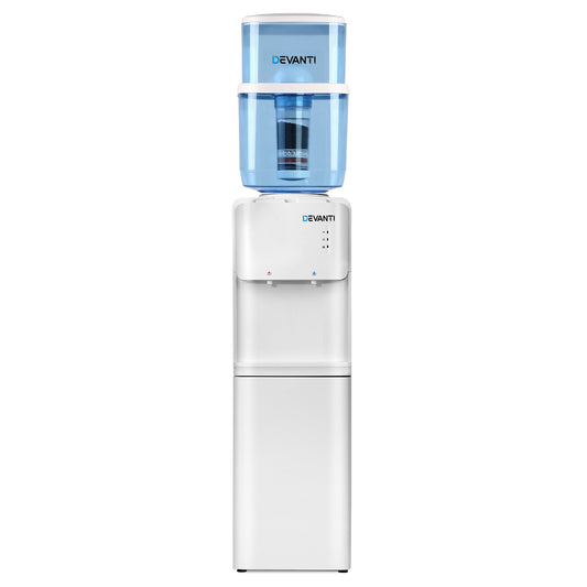 Full front view of the Devanti water cooler with 22L top bottle and LED indicators