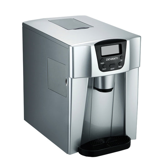 Sleek silver Devanti 2L Ice Maker with front display and ice outlet for countertop use.