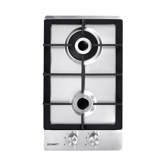 Top-down view of the Devanti gas cooktop with two burners and stainless steel finish.