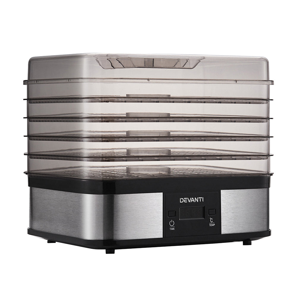 Front view of Devanti stainless steel dehydrator with transparent door and five trays.