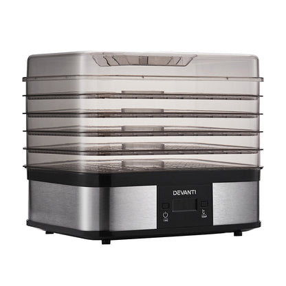 Front view of Devanti stainless steel dehydrator with transparent door and five trays.