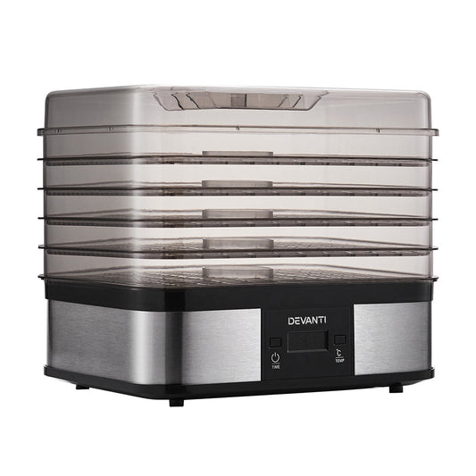 Front view of Devanti stainless steel dehydrator with transparent door and five trays.