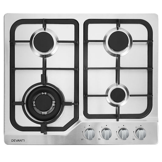 Front view of the sleek Devanti 60cm stainless steel gas cooktop with 4 burners.