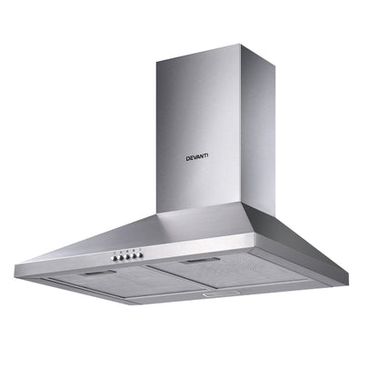 Front view of Devanti RH-DV60-SS stainless steel range hood showing the sleek brushed finish and wide suction area.