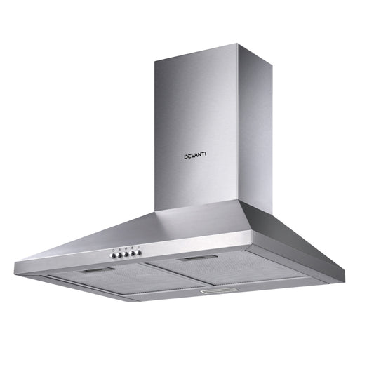Front view of Devanti RH-DV60-SS stainless steel range hood showing the sleek brushed finish and wide suction area.