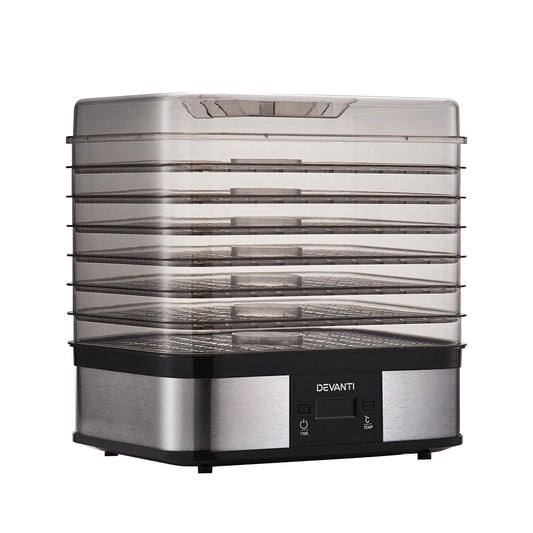 Front-facing view of the Devanti dehydrator showing stainless steel body and transparent door.