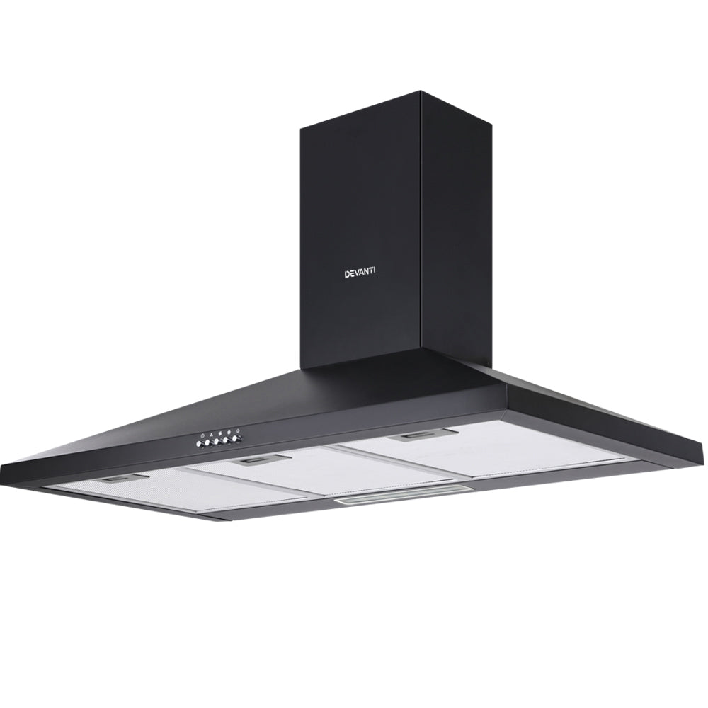 Front view of the Devanti 900mm black range hood showing its sleek, powder-coated finish.