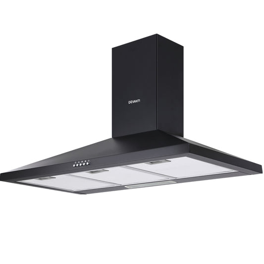 Front view of the Devanti 900mm black range hood showing its sleek, powder-coated finish.