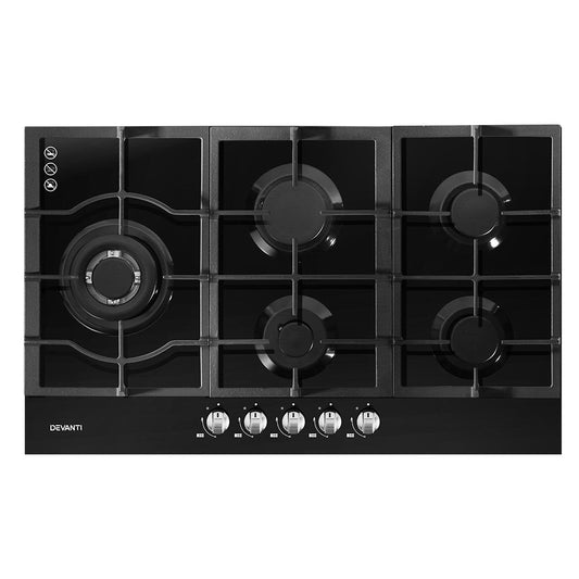 Full frontal view of the Devanti 90cm 5-burner gas cooktop with black tempered glass finish.