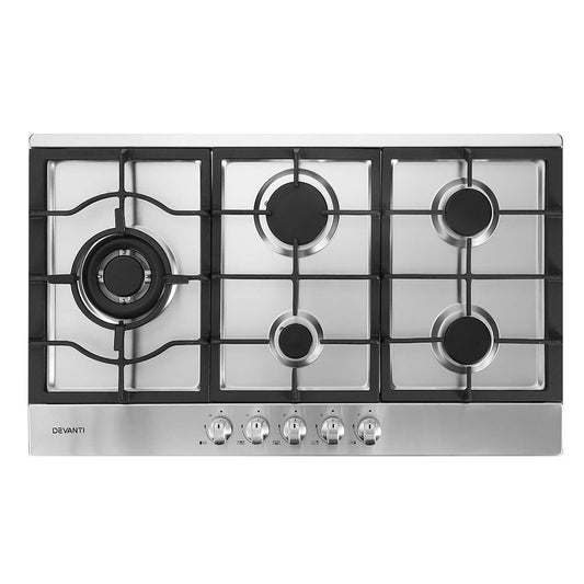 Devanti 90cm 5-burner gas cooktop stainless steel front