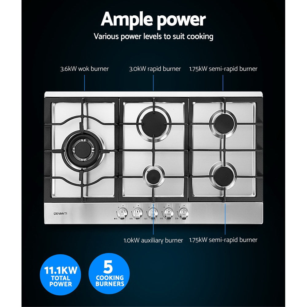 Stainless steel surface of Devanti gas cooktop
