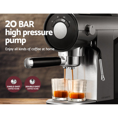 Espresso shot pouring with rich crema from the Devanti machine into a glass coffee cup.