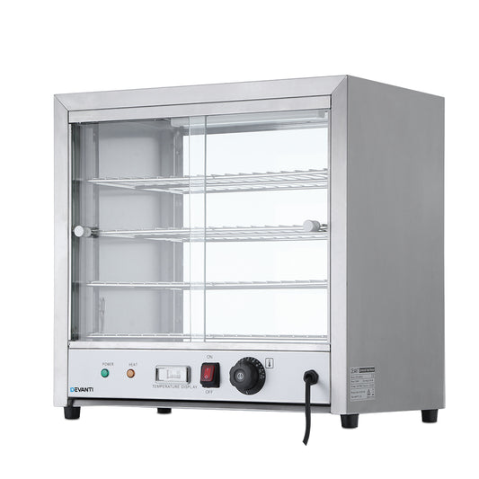 Front view of Devanti 4-tier commercial food warmer with glass display and stainless steel trays