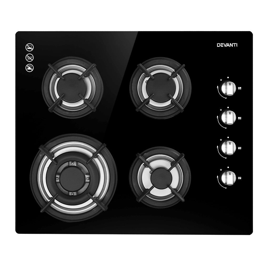 Sleek black tempered glass gas cooktop with 4 burners and durable cast iron trivets.