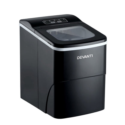 Sleek black Devanti ice cube maker showing compact front-facing design with control panel.