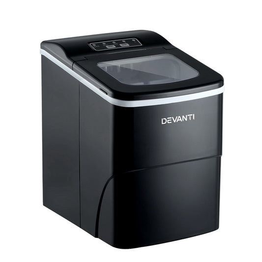 Sleek black Devanti ice cube maker showing compact front-facing design with control panel.