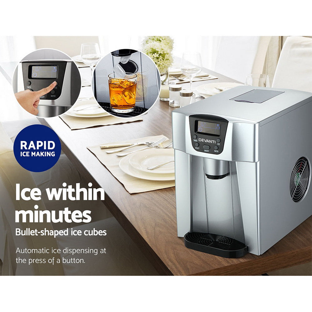 Devanti 2L machine dispensing bullet-shaped ice cubes into basket.